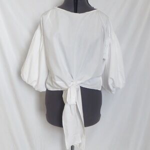 NWT Bleuh Ciel Cotton Blend White Bubble Sleeve Tie Front Top • Size S  🔴